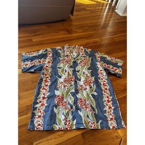 Vintage Pataloha Men's Blue Floral‎ Hawaiian Camp Shirt Loop Collar Sz XL Leaves